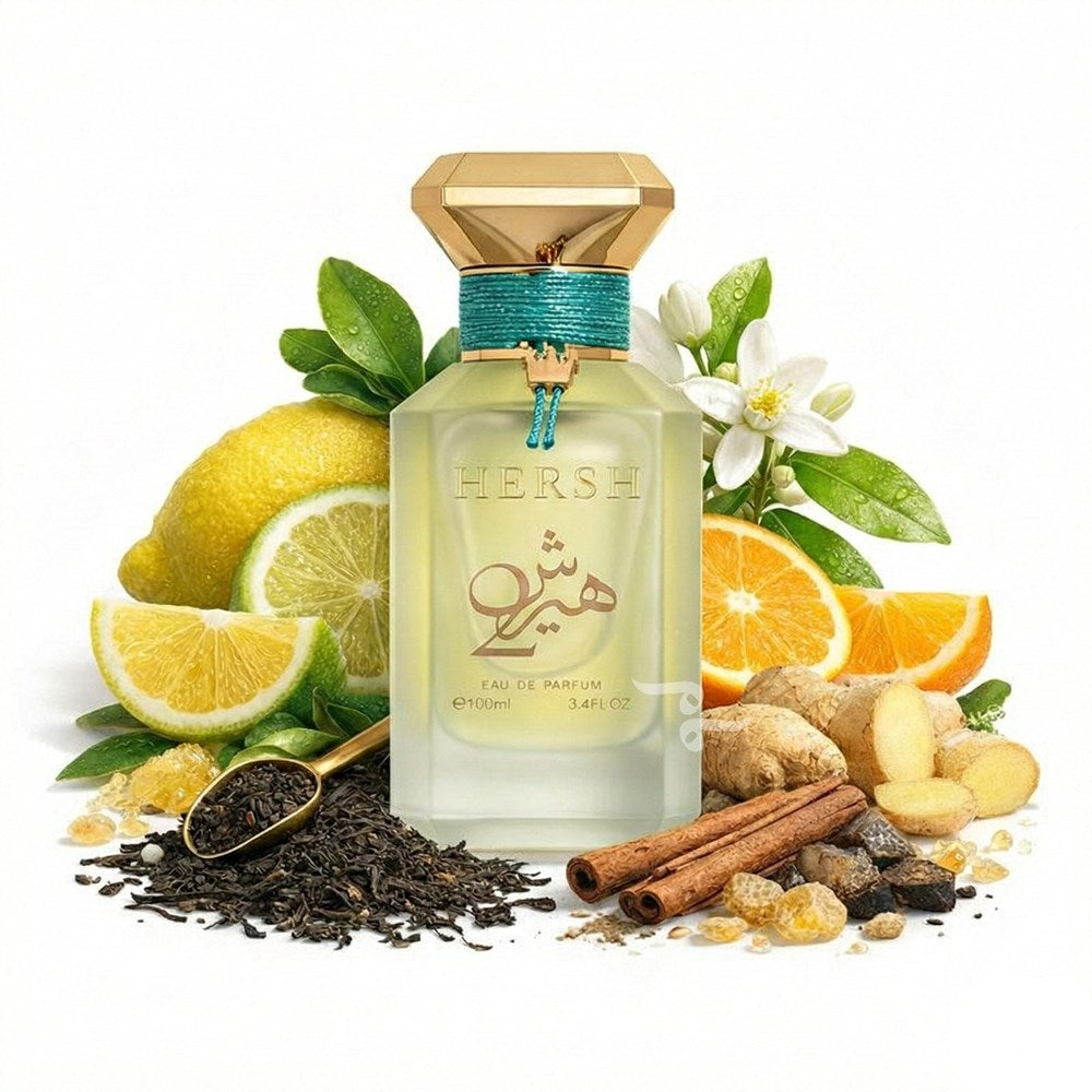 Perfume bottle with lemons, oranges, and spices on a white background