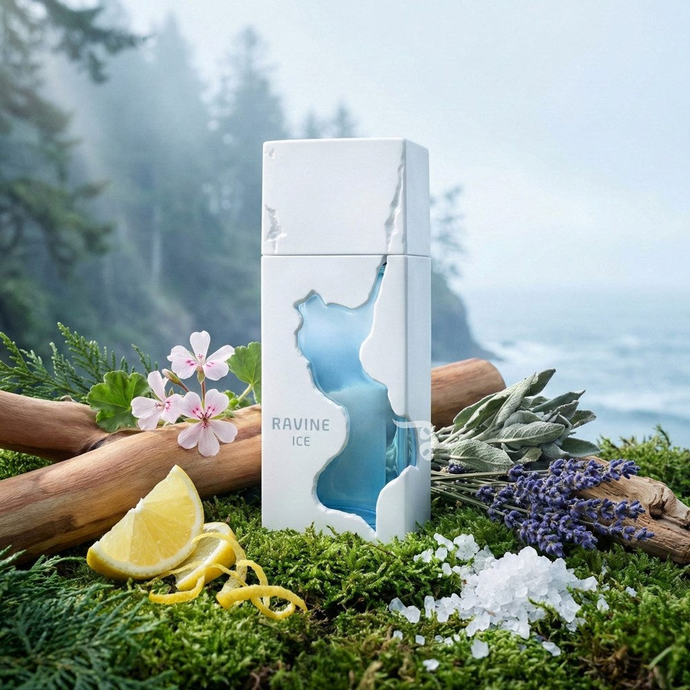 Ravine Ice product packaging with natural elements like flowers and stones in a forest setting