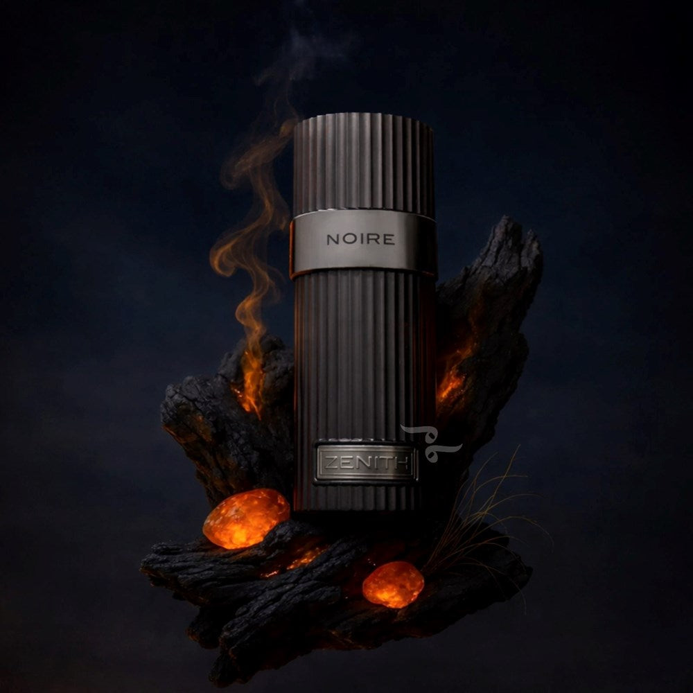 Darkly lit perfume bottle labeled 'NOIRE' with smoky and fiery elements on a dark background
